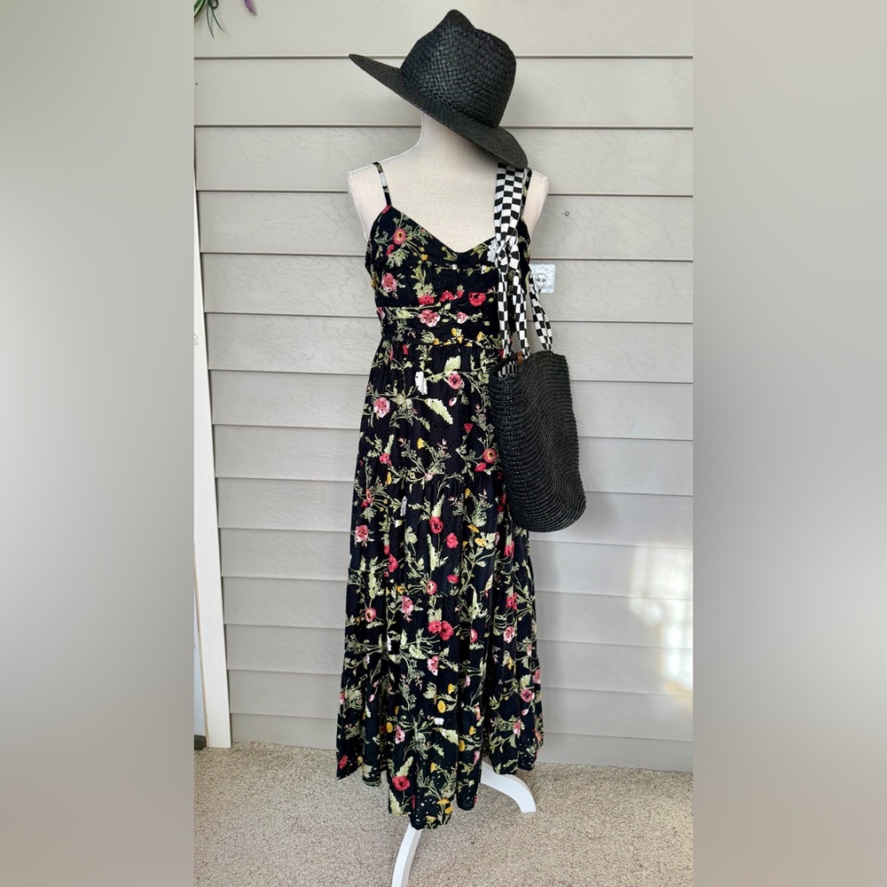 Zara Floral Black Maxi eyelet cotton tiered dress size M